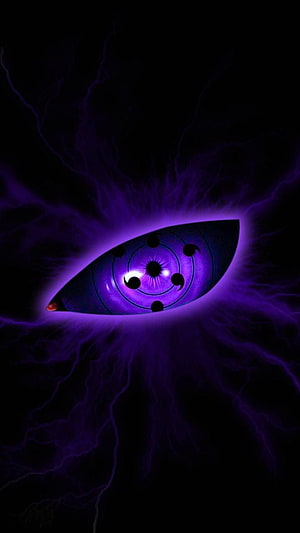 Glowing Purple Rinne Sharingan Eye with Electric Energy on Black Background HD phone wallpaper