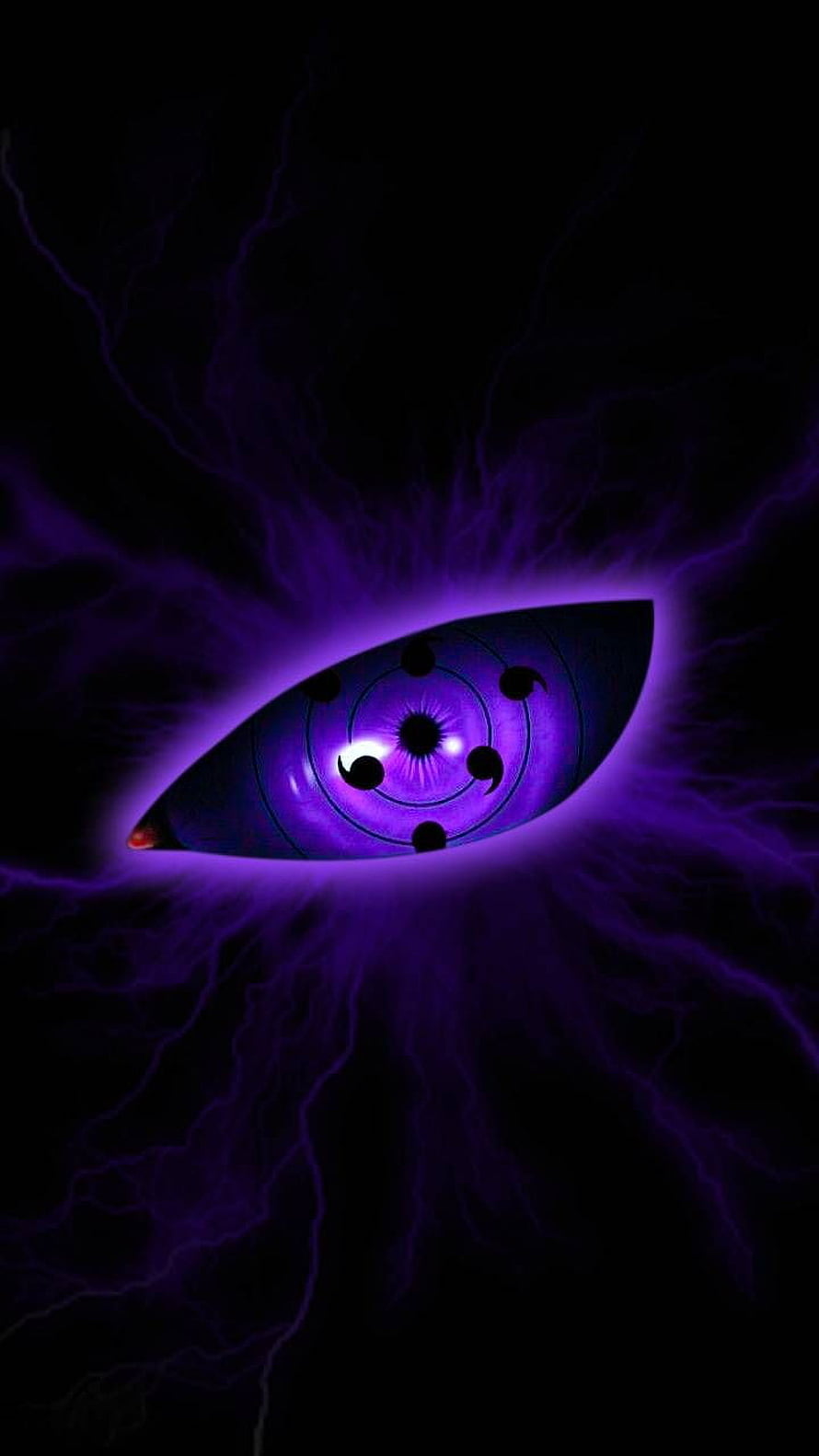 Glowing Purple Rinne Sharingan Eye with Electric Energy on Black Background HD phone wallpaper