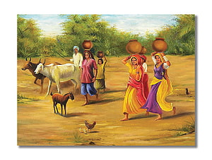 Rajasthani Women Carrying Water Pots in Traditional Attire with Cattle and Goats in a Rural Landscape HD wallpaper