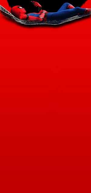 Spider-Man Reclining on Web Hammock Against Bold Red Background HD phone wallpaper