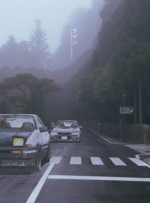 Initial D AE86 JDM Cars on Misty Mountain Road with Crosswalk HD phone wallpaper