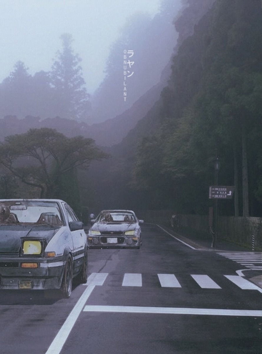 Initial D AE86 JDM Cars on Misty Mountain Road with Crosswalk HD phone wallpaper