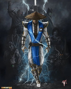 Mortal Kombat Raiden Concept Art with Lightning and Shadowy Villains HD phone wallpaper