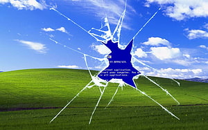 Windows XP Bliss Wallpaper With Cracked Glass Overlay And Blue Screen Error HD wallpaper