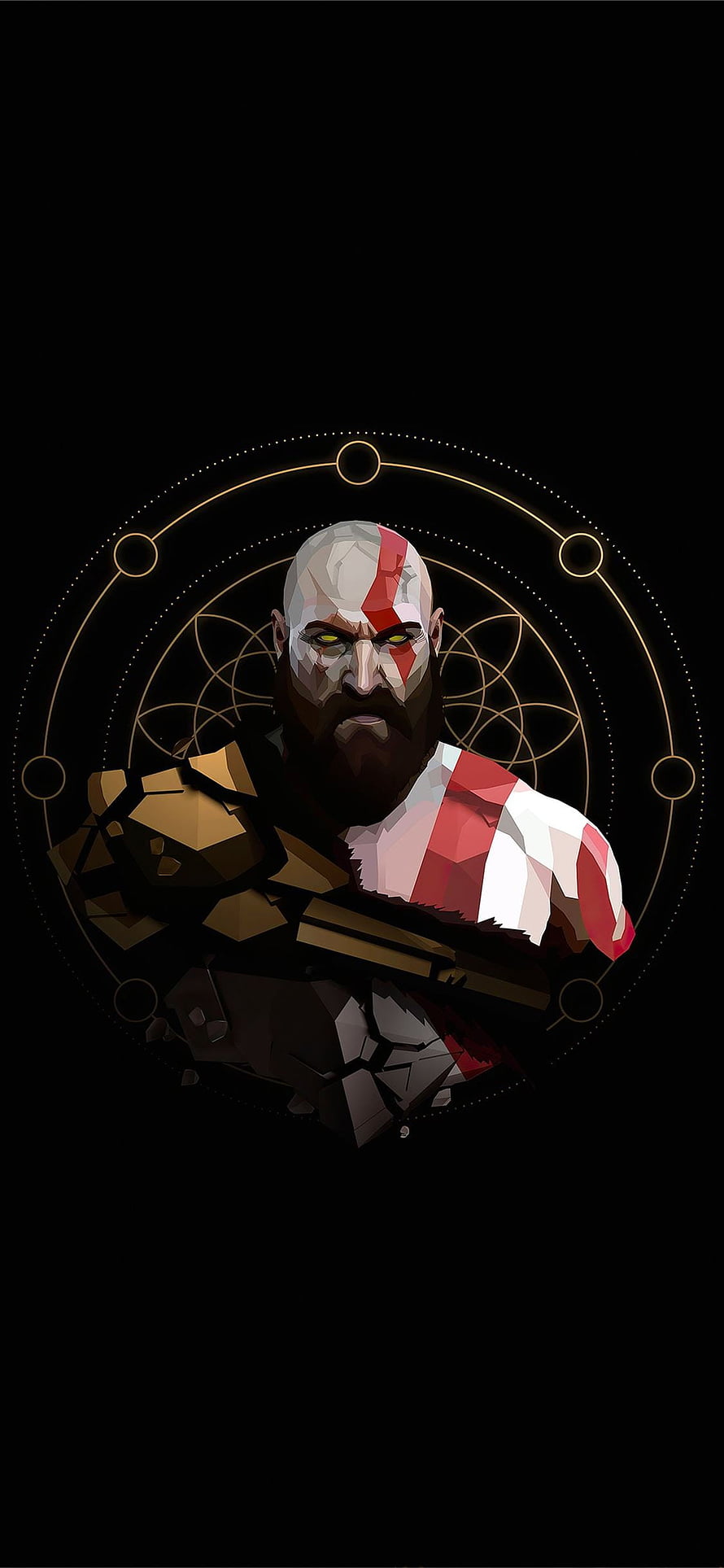 Kratos from God of War in a low-poly geometric portrait with glowing red war paint and Norse rune circle on black background HD phone wallpaper