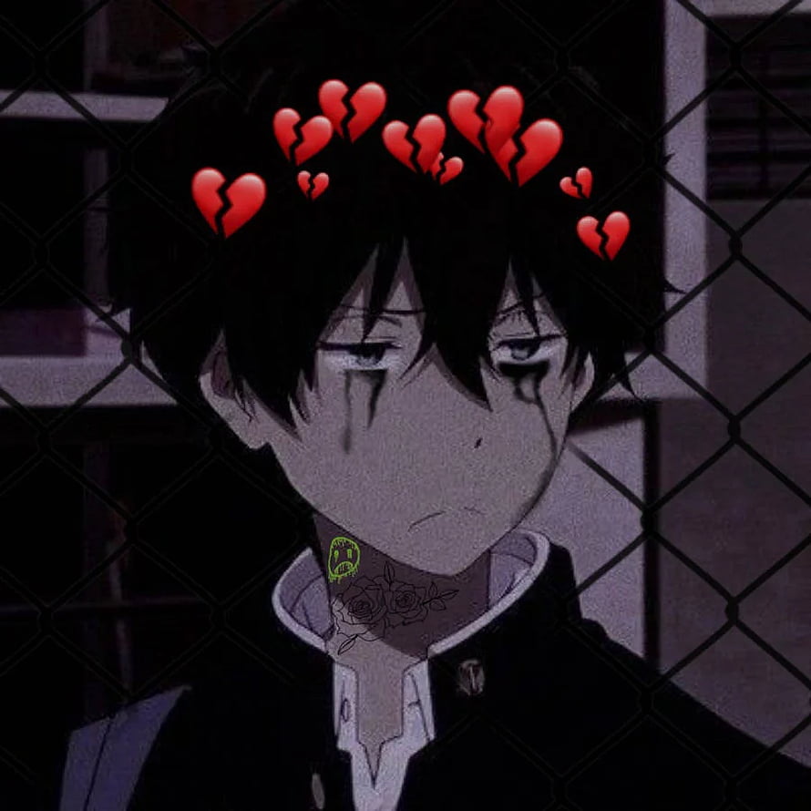 Melancholic Anime Boy With Broken Hearts And Chain Link Fence HD phone wallpaper