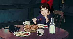 Kiki and Jiji Sharing a Quiet Breakfast Scene from Kiki's Delivery Service HD wallpaper