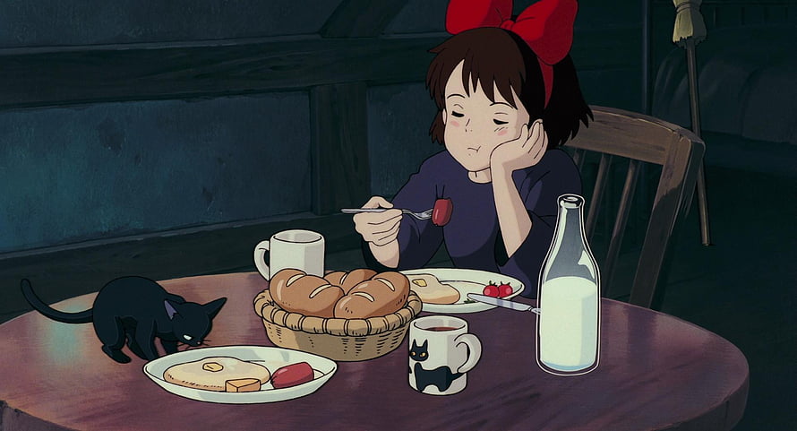 Kiki and Jiji Sharing a Quiet Breakfast Scene from Kiki's Delivery Service HD wallpaper