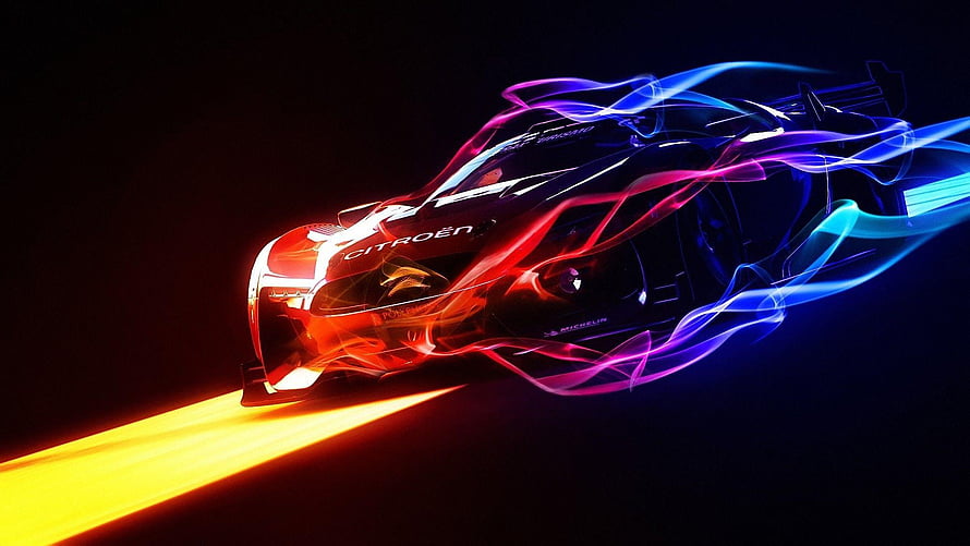 Citroen Racing Car with Neon Light Trails and Motion Blur on Dark Background HD wallpaper