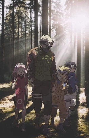 Naruto Shippuden Team 7 Walking Through Sunlit Forest HD phone wallpaper