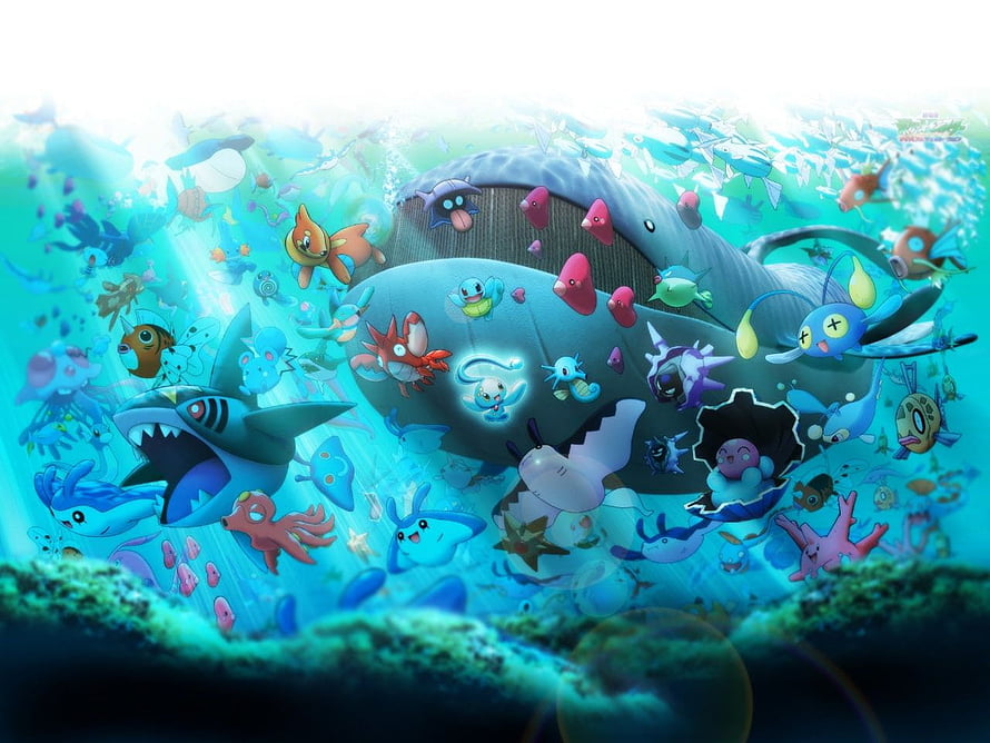 Pokemon Underwater Scene Featuring Water Type Creatures and Giant Leviathan HD wallpaper