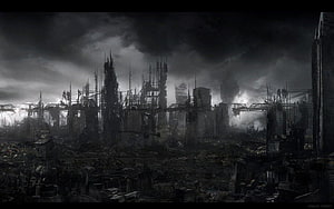 Post-Apocalyptic Ruined Cityscape Under Dark Stormy Skies HD wallpaper