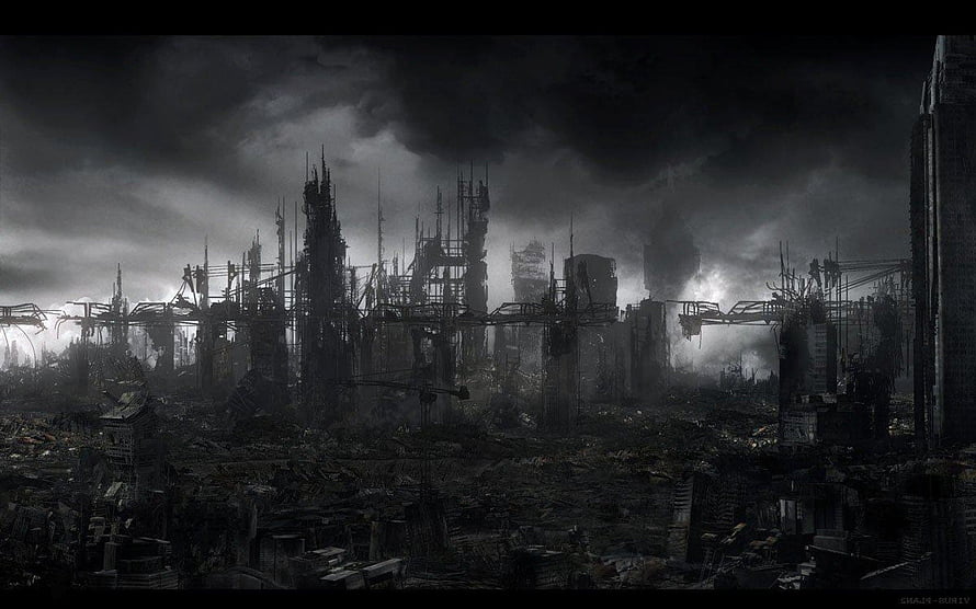 Post-Apocalyptic Ruined Cityscape Under Dark Stormy Skies HD wallpaper