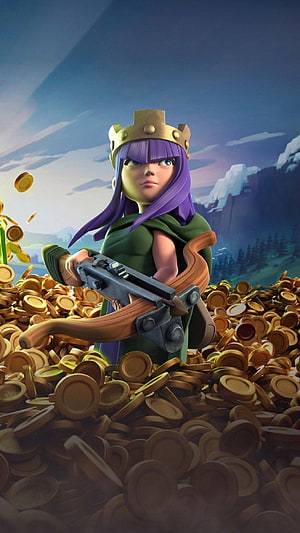 Clash Royale Archer Queen standing in a pile of gold coins holding a crossbow HD phone wallpaper