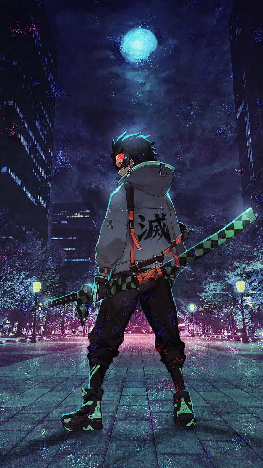 Demon Slayer Tanjiro Kamado Standing in Neon City Under Moonlight HD phone wallpaper