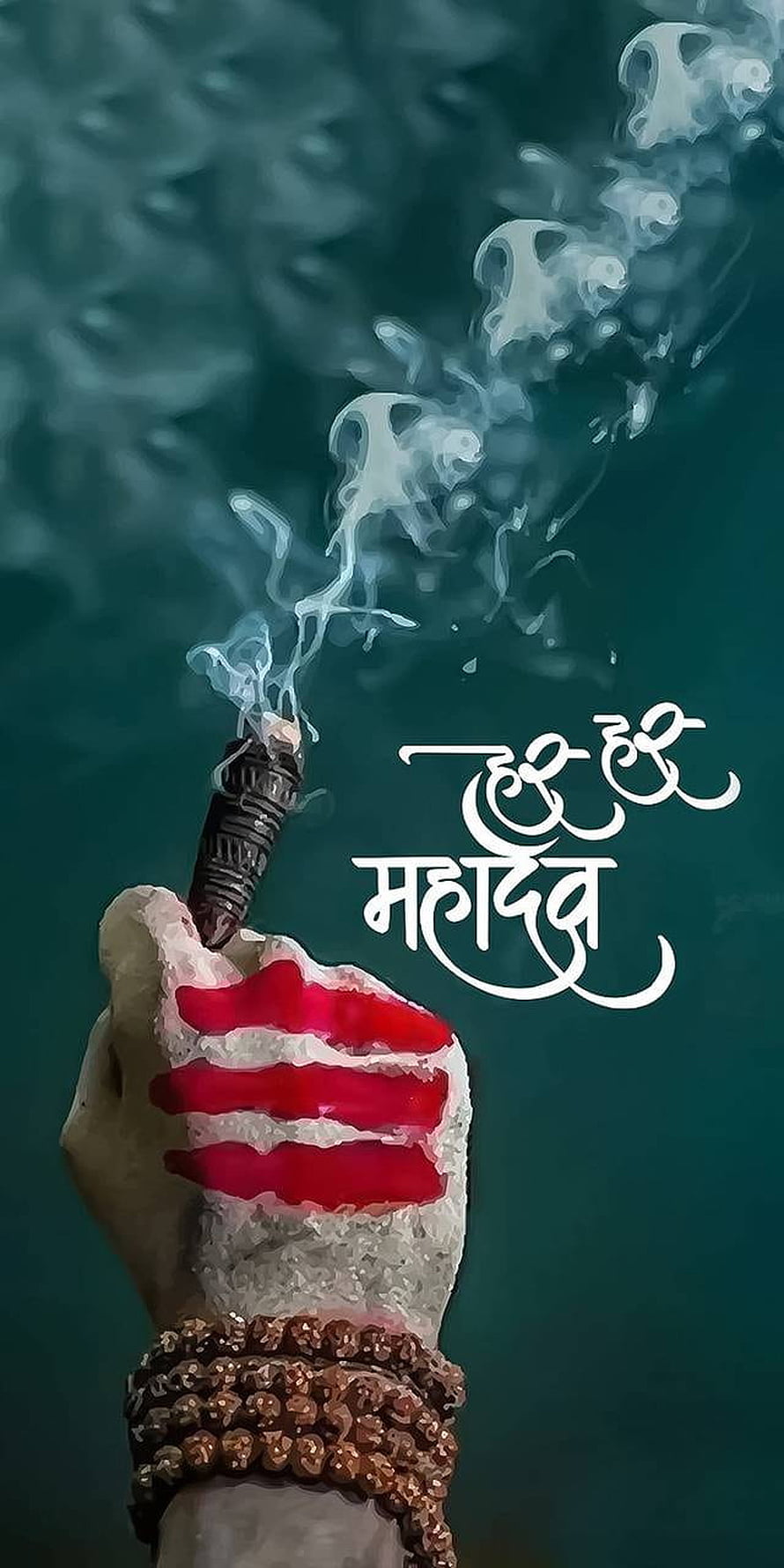 Har Har Mahadev Devotional Artwork With Incense Smoke And Rudraksha Bracelet HD phone wallpaper