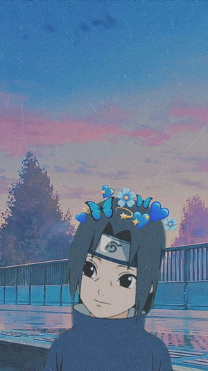Cute Young Itachi Uchiha Anime Portrait With Blue Butterfly Crown Against Sunset Sky HD phone wallpaper