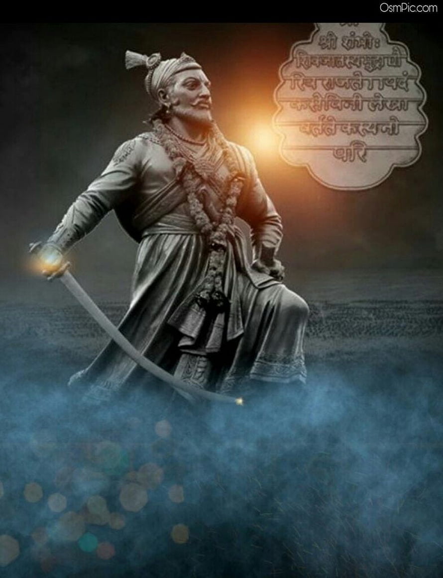 Shivaji Maharaj Statue Holding Sword in Misty Atmosphere with Marathi Text HD phone wallpaper