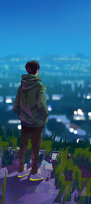 Anime Boy in Green Hoodie Standing on Hill Overlooking City at Night HD phone wallpaper