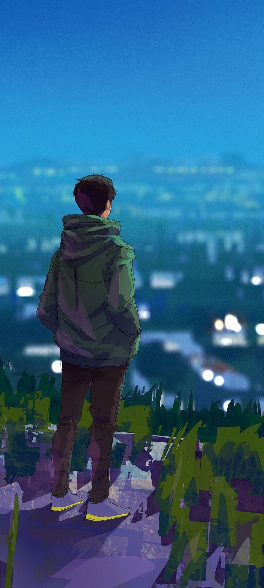 Anime Boy in Green Hoodie Standing on Hill Overlooking City at Night HD phone wallpaper