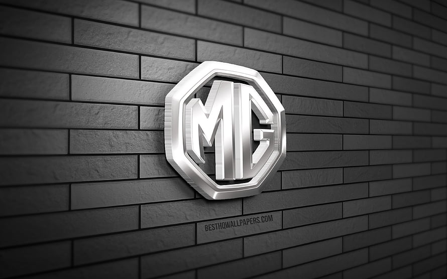 Sleek 3D MG Automotive Emblem Mounted on a Dark Gray Brick Wall HD wallpaper