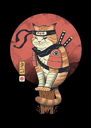 Neko Samurai Cat Warrior with Dual Swords and Red Moon HD phone wallpaper