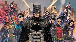 Batman and the Bat Family Superheroes in a Dramatic Gotham City Comic Book Illustration HD wallpaper