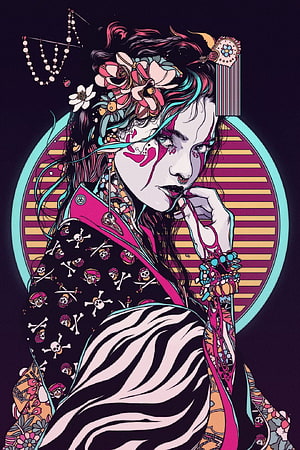Cyberpunk Geisha Portrait with Floral Hair and Skull Pattern Kimono HD phone wallpaper
