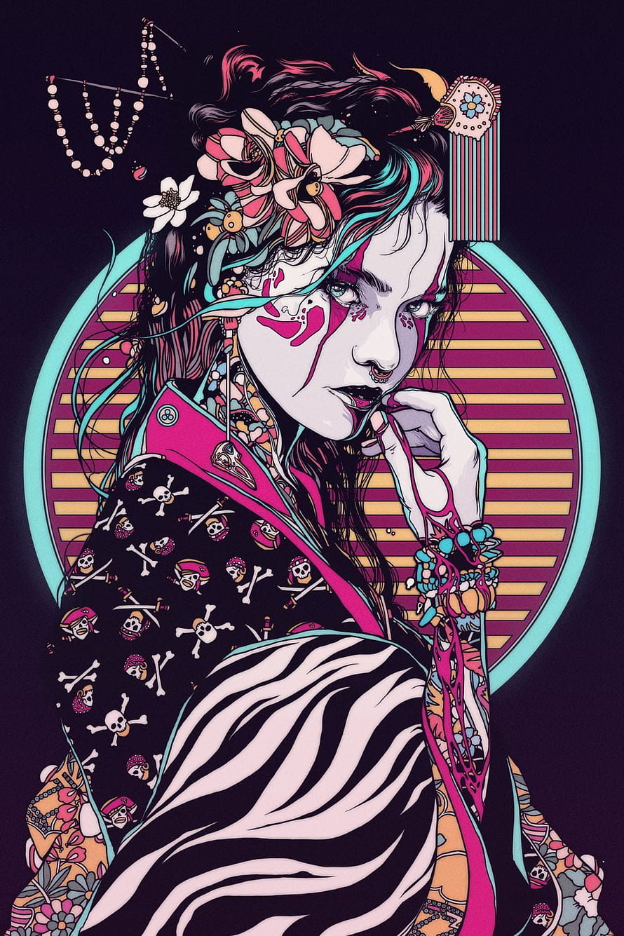 Cyberpunk Geisha Portrait with Floral Hair and Skull Pattern Kimono HD phone wallpaper