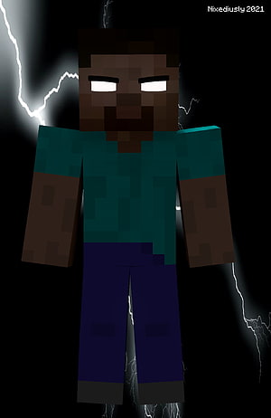 Herobrine Minecraft Character Render with Glowing Eyes and Lightning Storm HD phone wallpaper