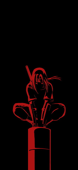 Itachi Uchiha Minimalist Red Silhouette Sitting on Pillar HD phone wallpaper