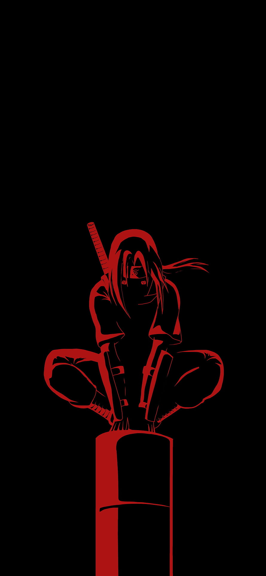 Itachi Uchiha Minimalist Red Silhouette Sitting on Pillar HD phone wallpaper