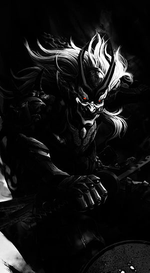 Dark Demon Warrior with Horned Mask and Red Eyes in Black and White Anime Art HD phone wallpaper