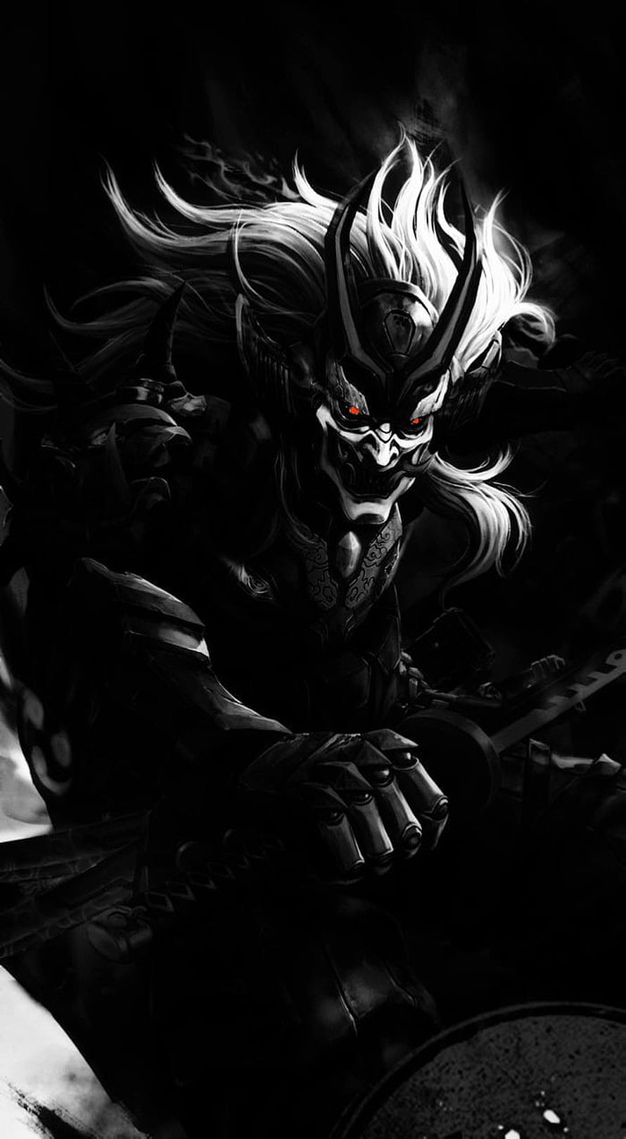 Dark Demon Warrior with Horned Mask and Red Eyes in Black and White Anime Art HD phone wallpaper
