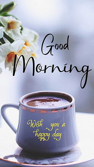 Good Morning Coffee Mug with White Daffodils and Inspirational Wishes HD phone wallpaper