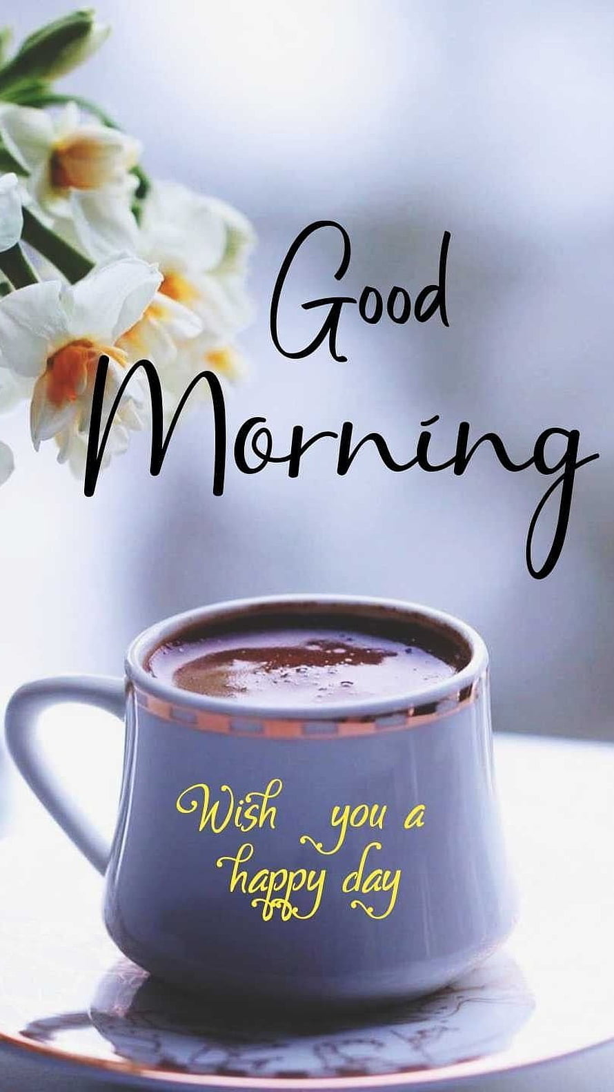 Good Morning Coffee Mug with White Daffodils and Inspirational Wishes HD phone wallpaper