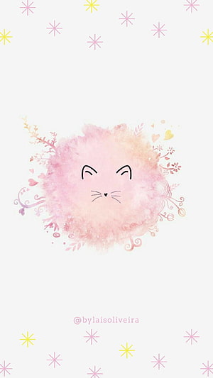 Cute Watercolor Cat Face with Floral Accents and Pastel Star Pattern HD phone wallpaper