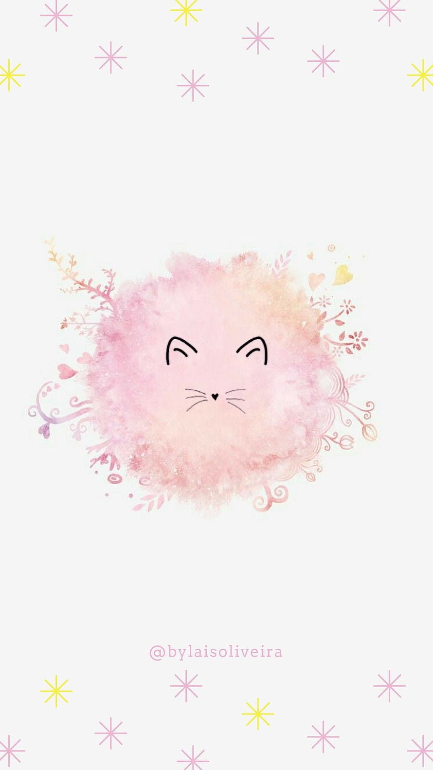 Cute Watercolor Cat Face with Floral Accents and Pastel Star Pattern HD phone wallpaper