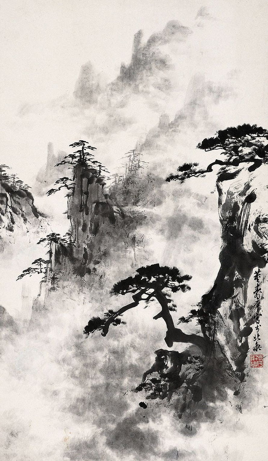 Traditional Chinese Ink Painting of Misty Mountains and Pine Trees HD phone wallpaper