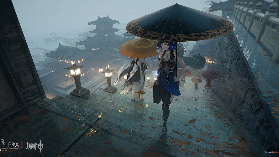 Yelan and Ningguang Walking Through Rainy Liyue Harbor in Genshin Impact HD wallpaper