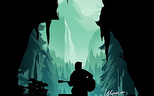 Ellie from The Last of Us Part II Silhouette Playing Guitar in a Misty Forest Cave HD wallpaper