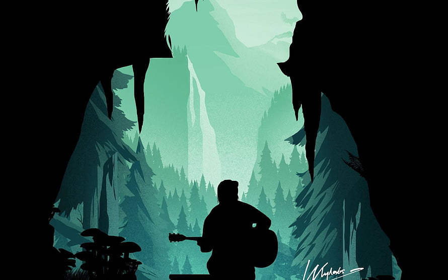Ellie from The Last of Us Part II Silhouette Playing Guitar in a Misty Forest Cave HD wallpaper