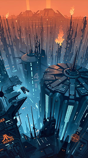 Blade Runner Style Cyberpunk Cityscape with Futuristic Towers and Flying Vehicle HD phone wallpaper