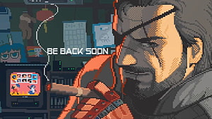 Metal Gear Solid V Pixel Art Close-Up of Snake Smoking a Cigar in a Retro Gaming Room HD wallpaper