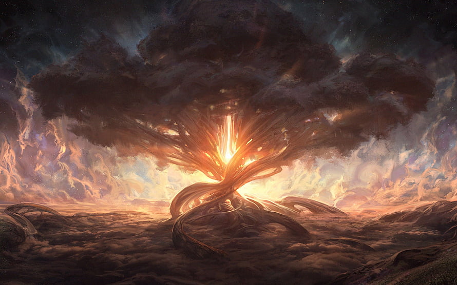 Yggdrasil World Tree Rising From a Sea of Storm Clouds in Dramatic Fantasy Art HD wallpaper