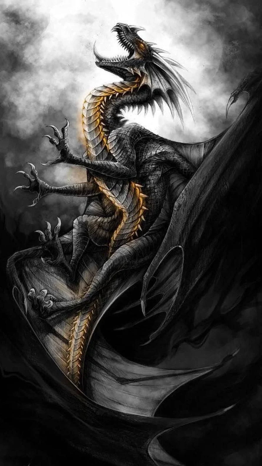 Majestic Black Dragon with Golden Scales Roaring in Stormy Clouds Fantasy Art HD phone wallpaper