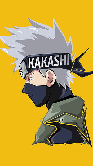 Kakashi Hatake Anime Character Profile with Silver Spiky Hair and Headband on Yellow Background HD phone wallpaper