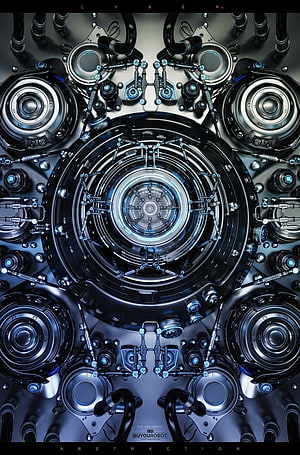 Symmetrical Sci-Fi Mechanical Core with Intricate Metallic Components and Blue Accents HD phone wallpaper