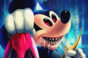 Evil Mickey Mouse with Glowing Red Eyes and Sharp Teeth in Dark Fantasy Style HD wallpaper