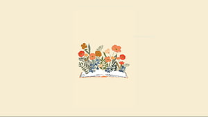 Minimalist illustration of colorful wildflowers blooming from an open book on a cream background HD wallpaper